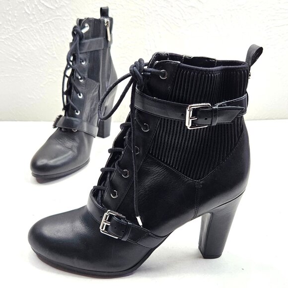 Sam Edelman Lace Up Ankle Boot Sz 9 Black Leather High Heel Buckle Moto Booties - Picture 1 of 11